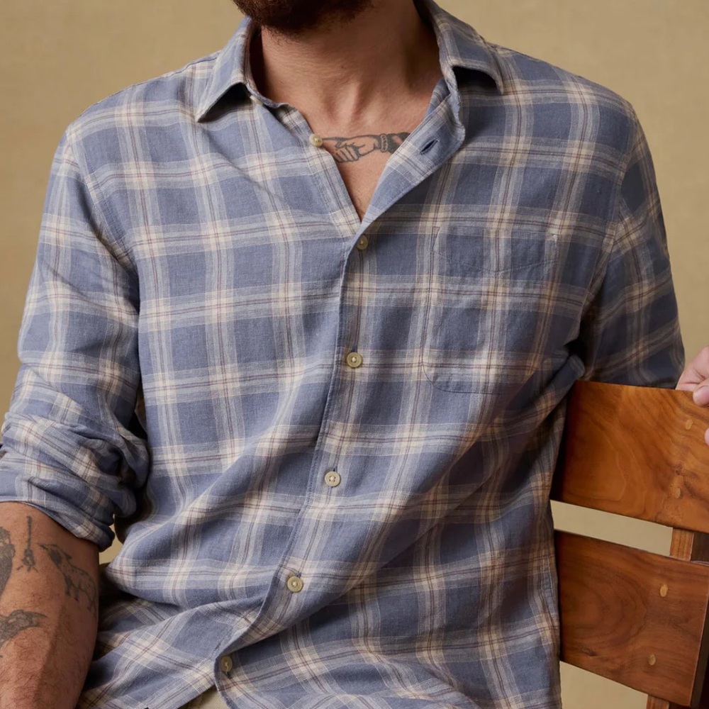 Faherty Mens Hunting Island Shirt Off Shore Flint Plaid LARGE NWT